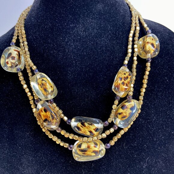 Vintage 3 Layer Necklace Lucite Chunky Leopard Beads Boho Lrg Lobster Clasp 70s - Picture 5 of 9